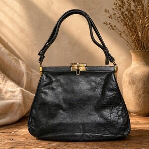 Vintage 1970s Musette's‎ Canada Black Leather Structured Quiet Luxury Bag